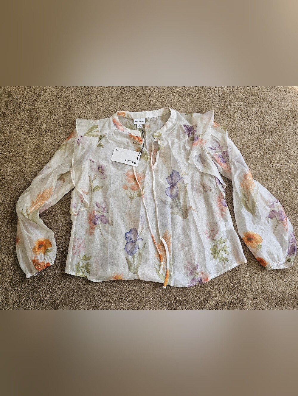 Bailey 44 White Sheer Floral Tie-Neck Blouse